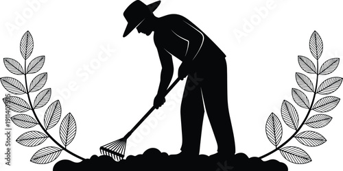 Silhouette farmer raking soil with wide-brim hat framed by decorative branches, symbolizing agriculture, gardening, cultivation, and hard work