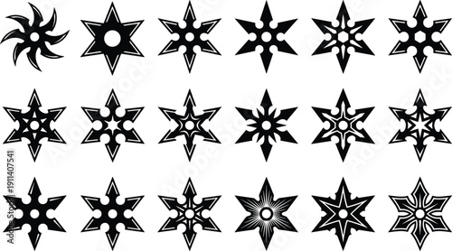 Shuriken Star Icon Set Vector Illustration, Japanese Ninja Throwing Weapons Collection in Black Silhouette for Tattoo, Logo and Graphic Design