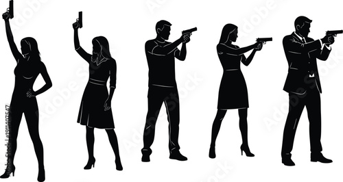 Silhouettes of armed men and women holding handguns in tactical shooting poses isolated on white background, security concept illustration