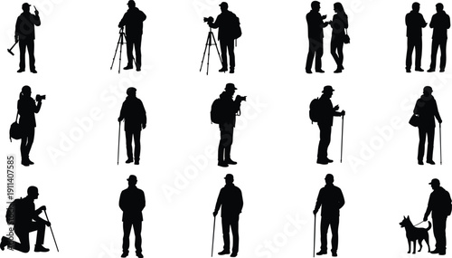Black People Silhouette Vector Set Featuring Hikers with Trekking Poles and Photographers with Cameras and Tripods Isolated on White Background for Outdoor Adventure Design.