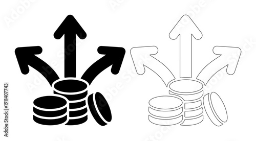 Multiple financial growth paths represented by coins and arrows
