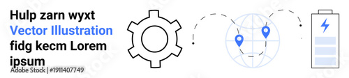 Gear signaling settings, a globe with location pins for global navigation, and a battery symbolizing energy. Ideal for technology, innovation, sustainability, optimization, GPS apps, renewable