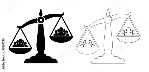 Scales of justice balancing groups of people representing equality and fairness