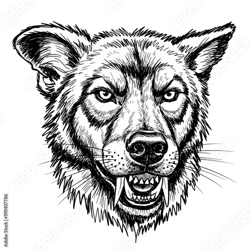 Fierce Wolf Head Drawing, Aggressive Snarling Animal Portrait