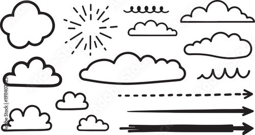 Hand Drawn Clouds and Arrows Set in Simple Line Art Style with Black and White Color Scheme on Transparent Background for Graphic Design