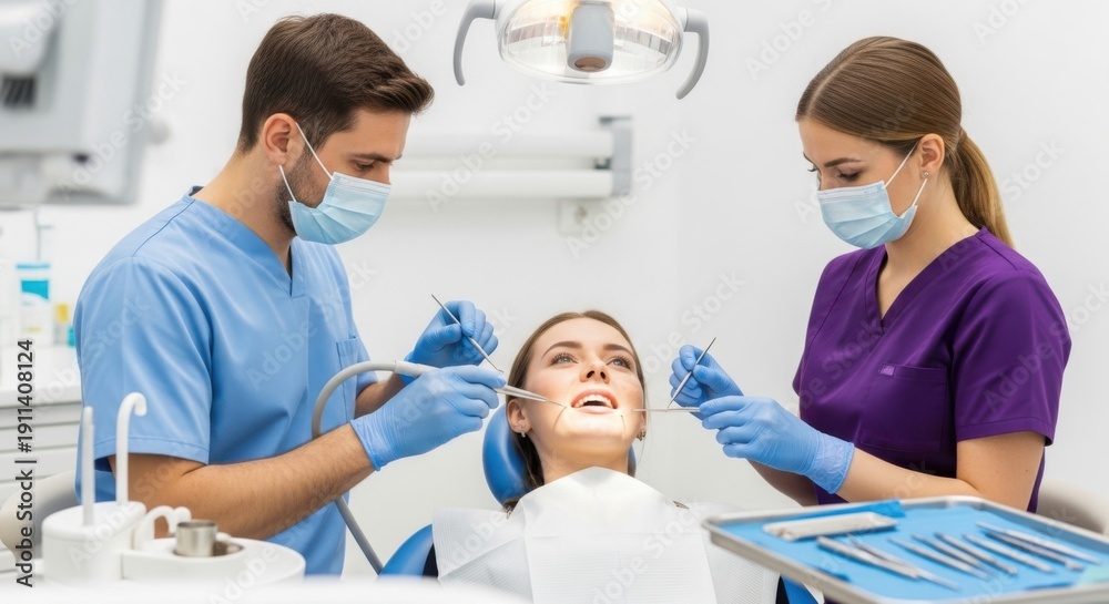 Fototapeta premium Dentists performing a procedure on a patient in a modern dental clinic.
