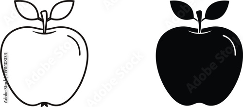 Fresh Apple Fruit Icon Set Featuring Minimalist Outline and Solid Silhouette Styles for Healthy Eating Apps, Grocery Branding, Nutrition Labels, and Organic Food Designs