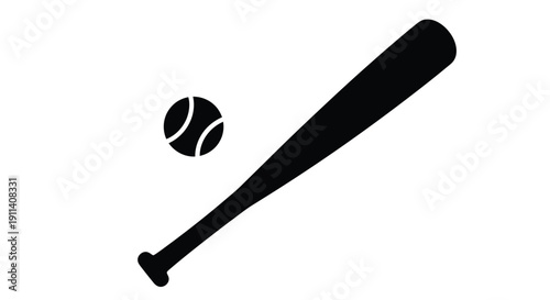 A black silhouette of a baseball bat and ball against white background silhouette