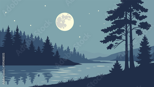 Full Moon Reflection Over Serene Lake Night Landscape Vector