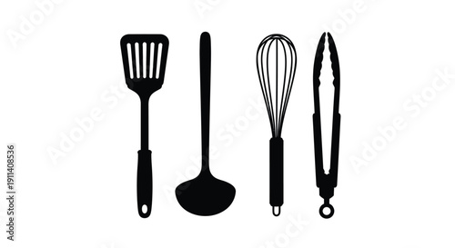 Black kitchen utensils arranged in a row minimalist silhouette