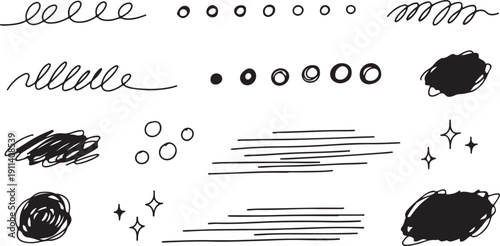 Hand drawn black decorative elements in whimsical style with varying line weights and textures for graphic design