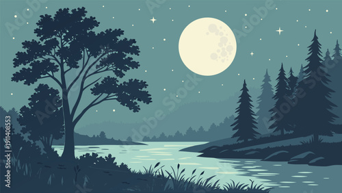 Full Moon Reflection Over Serene Lake Night Landscape Vector