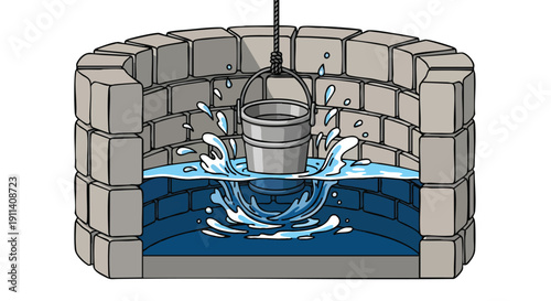 Bucket being lowered into a well to collect water.