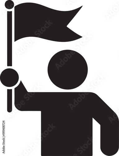 Black silhouette person holding flag on white background