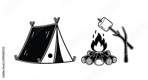 Camping Tent and Marshmallow Roasting Over Campfire Illustration.