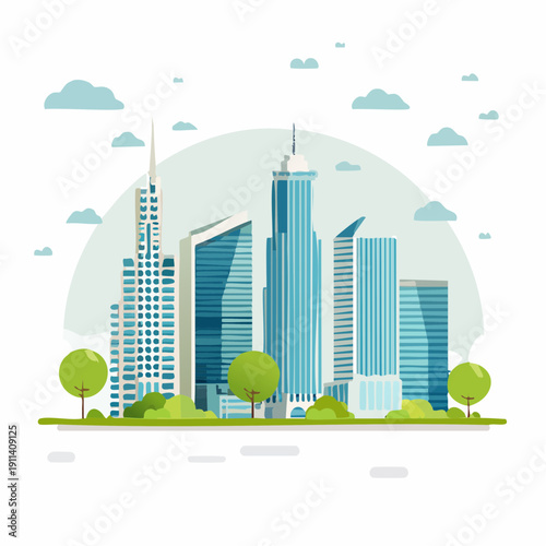 Contemporary City Skyline Flat Vector Illustration of Urban Architecture and Greenery