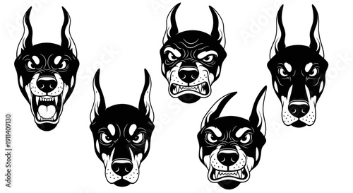Aggressive Doberman Dog Heads Set, Fierce and Angry Expressions