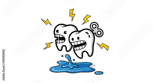 Cartoon illustration of two teeth with windup key.