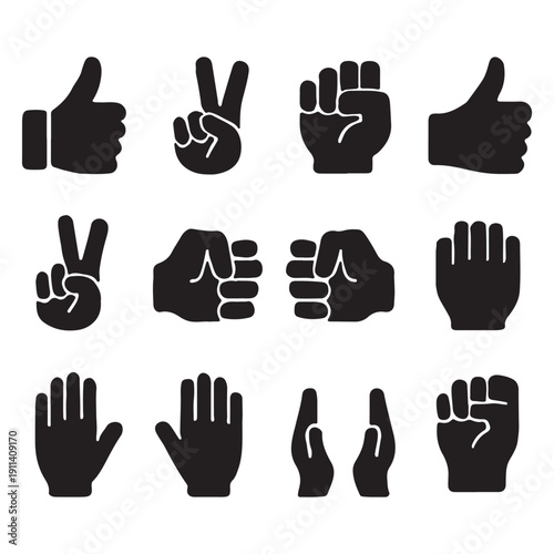 Collection of Various Hand Gestures Icons in Black Silhouette for Communication