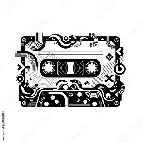 Retro Cassette Tape with Abstract Geometric Design Elements
