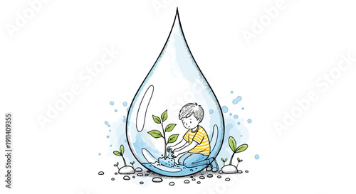 Child nurturing a plant inside a water droplet symbolizing growth and care.