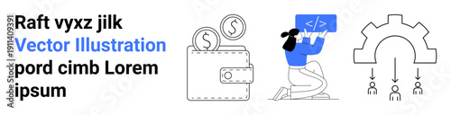 Software development, coding education, financial technology, e-commerce, process automation, digital learning. Woman coding, wallet with coins workflow gear with icons. Software development