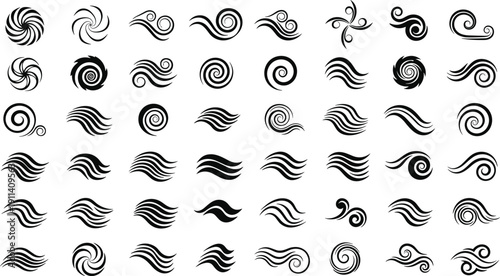 Black Abstract Swirl and Wave Icon Set Collection of Spiral Wind Water Symbols Isolated on White Background Vector for Decorative Design