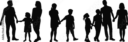 Black silhouette collection of happy families with parents holding hands with children isolated on white background for lifestyle togetherness and community vector design elements