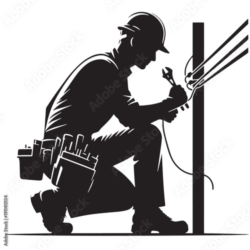 Black Electrician fixing line Silhouette Vector, High Quality Illustration on White Background