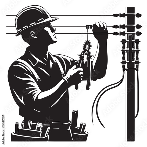 Black Electrician fixing line Silhouette Vector, High Quality Illustration on White Background