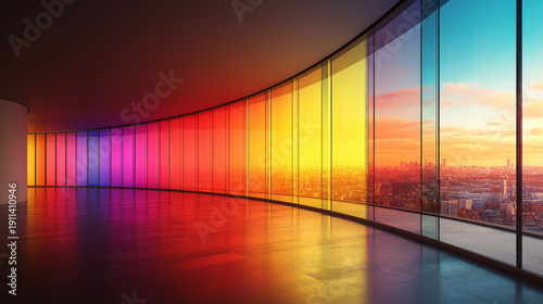 Rainbow gradient glass window city skyline sunset panoramic view colorful architecture modern interior curve horizon glow