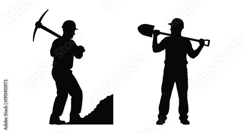 Two miners with tools depicted in a striking black silhouette