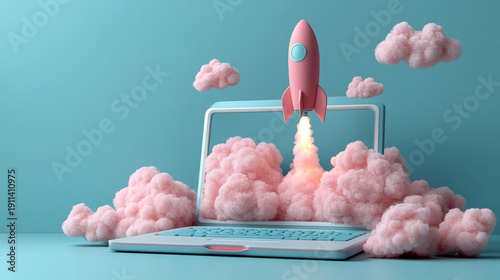 Rocket laptop startup innovation, pink rocket launch concept illustration with fluffy cloud, pastel blue background and creative technology