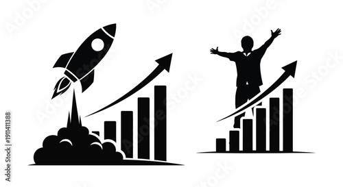 Business success concept with rocket and ascending man silhouette