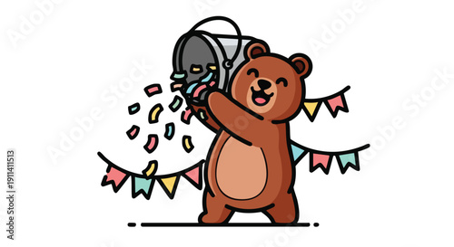 Cute cartoon bear celebrating with confetti.