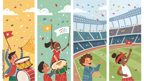 Children celebrating sports victory with confetti and flags in stadium