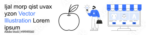 E-commerce, online retail, innovation, digital business, creativity, modern shopping. Man holding a lightbulb, apple icon and storefront interface. E-commerce and online retail theme