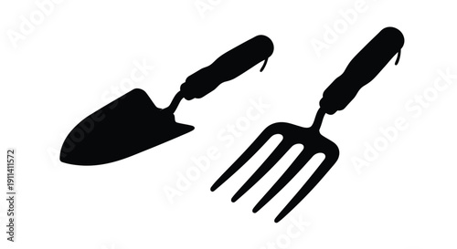 Two gardening tools a trowel and fork in black silhouette