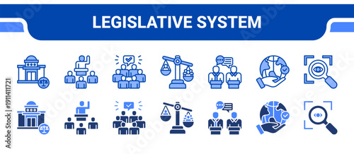 Legislative System Icon Collection,  featuring Legislature, Representation, Majority, Minority, Debates, Responsibility, Transparency.