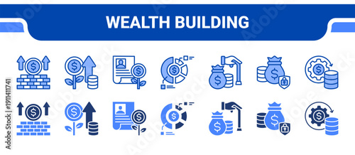 Wealth Building Icon Collection,  featuring Wealth building, Investment growth, Investment portfolio, Asset allocation, Retirement fund, Financial security, Wealth management.