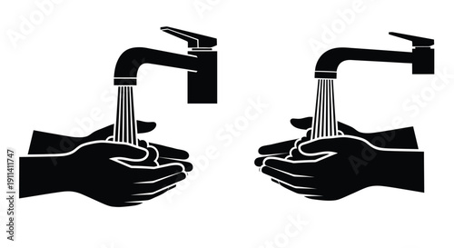 Hands washing under a faucet illustrated in black and white silhouette