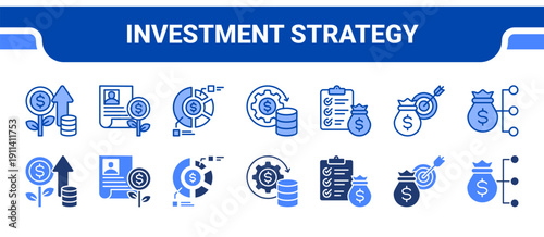 Investment Strategy Icon Collection,  featuring Investment growth, Investment portfolio, Asset allocation, Wealth management, Financial planning, Financial goals, Income.