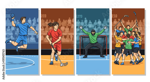 Handball players in action in a stadium team celebrating scoring and goalkeeper jumping