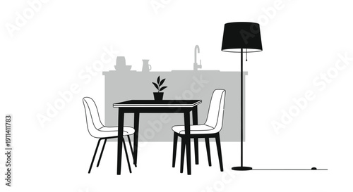 Minimalist dining room scene with furniture and a lamp silhouette