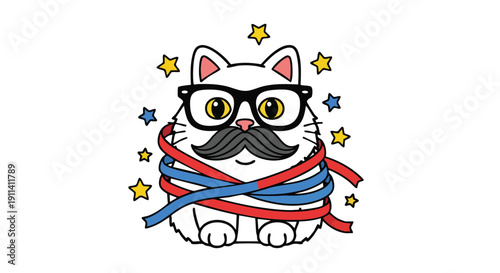 Cute cartoon cat with glasses and mustache illustration.