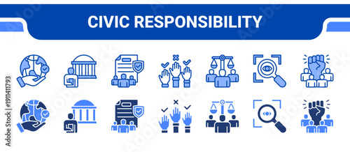 Civic Responsibility Icon Collection,  featuring Responsibility, Civic, Public, Participation, Human rights, Transparency, Freedom.