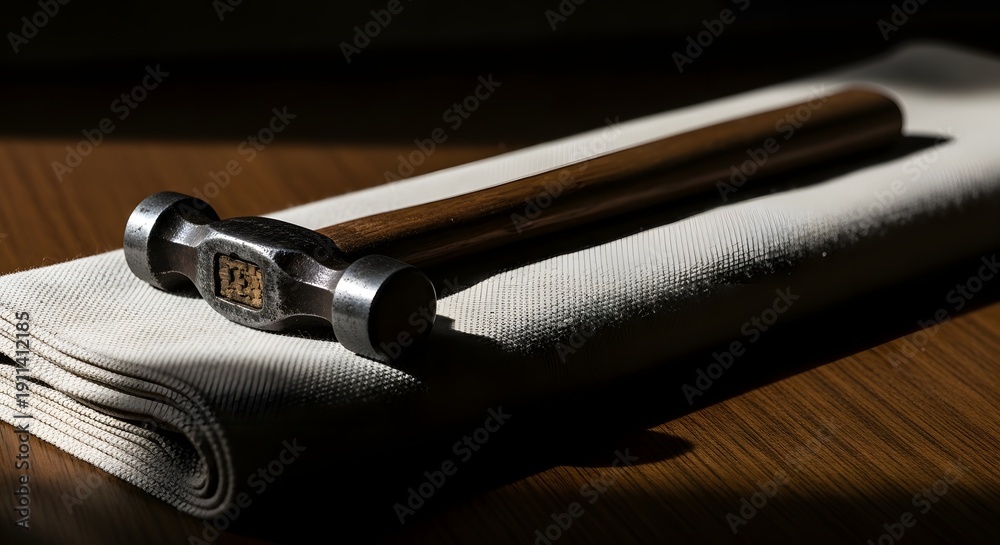 Naklejka premium Precision Craft Hammer on Fabric in Dramatic Light