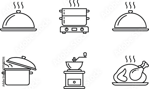 Detailed line icon set for restaurant and kitchen featuring cloche food covers steaming cooker pot manual coffee grinder and roasted chicken platter