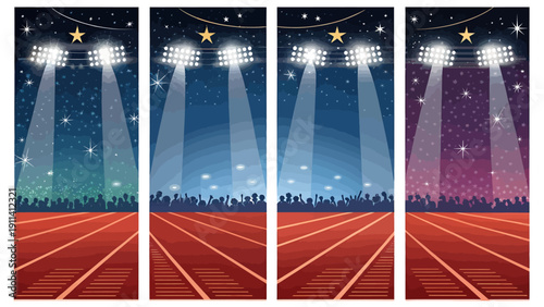 Illuminated running track with crowd under starry night sky and colorful spotlights