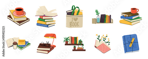 Hand Drawn Cozy Books and Reading Accessories Vector Collection. Colorful Hardcover Paper Books for Education and Learning Illustration